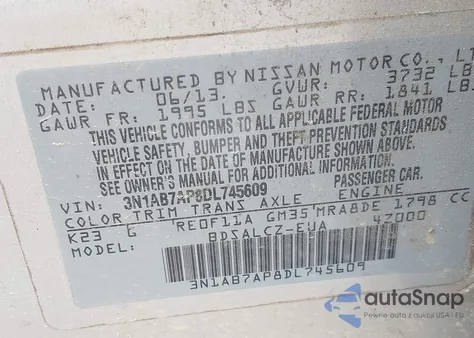 2013 Nissan Sentra S z USA, uszkodzony, nr VIN 3N1AB7AP8DL745609